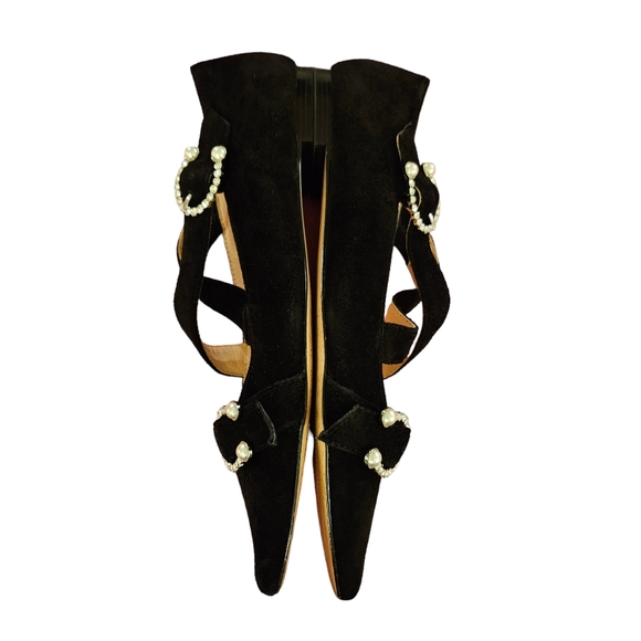 J CREW Black Suede MARINA CRISS CROSS Pearl Rhinestone buckle Dress Flat 9.5 - Picture 4 of 10